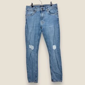 Nudie Lean Dean Jeans Well Worn Distressed Holes Blue Denim Stretch Men 32x32